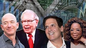 אופרה וינפרי, מארק קיובן, וורן באפט וג'ף בזוס, צילום: shutterstoxk, מסך appleTV, Gage Skidmore