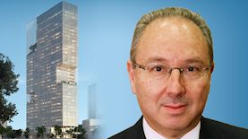 שאולי לוטן מנכ"ל קבוצת לוינשטיין, ברקע פרויקט התחנה המרכזית בתל אביב של החברות לוינשטין ושיכון ובינוי. הדמיה: משה צור אדריכלים, צילום: יחצ