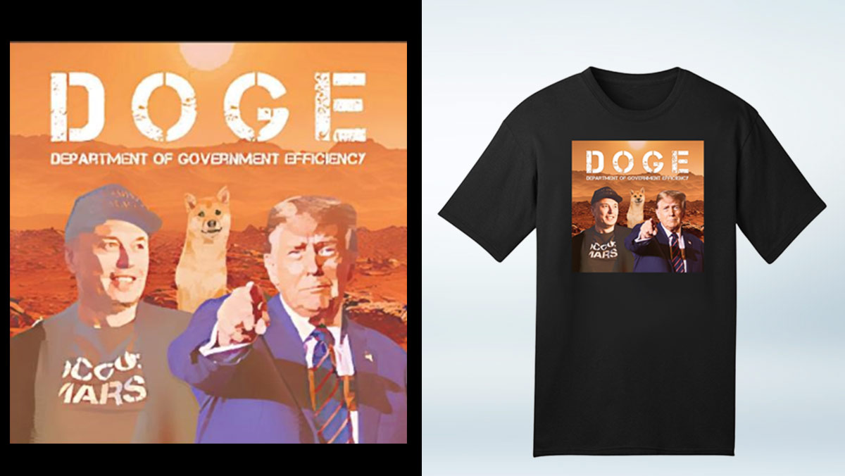 חולצת DOGE, אילון מאסק, דונלד טראמפ. צילום מסך מתוך win.donaldjtrump.com